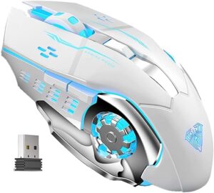COOLCOLD Q13 Rechargeable Gaming Mouse USB Wireless, 2.4Ghz RGB Gaming Mice, Upto 2400 DPI LED Backlight 6 Button, 4 Color Breathing Lights, Wireless Distance-10m ( White )