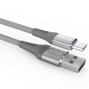 Lenovo USB A to Type-C Tangle-free  Aramid fiber braided 1.2m cable with 4A Fast charging & 480 MBPS data transmission, certified 10000+ bend lifespan, Metallic Grey